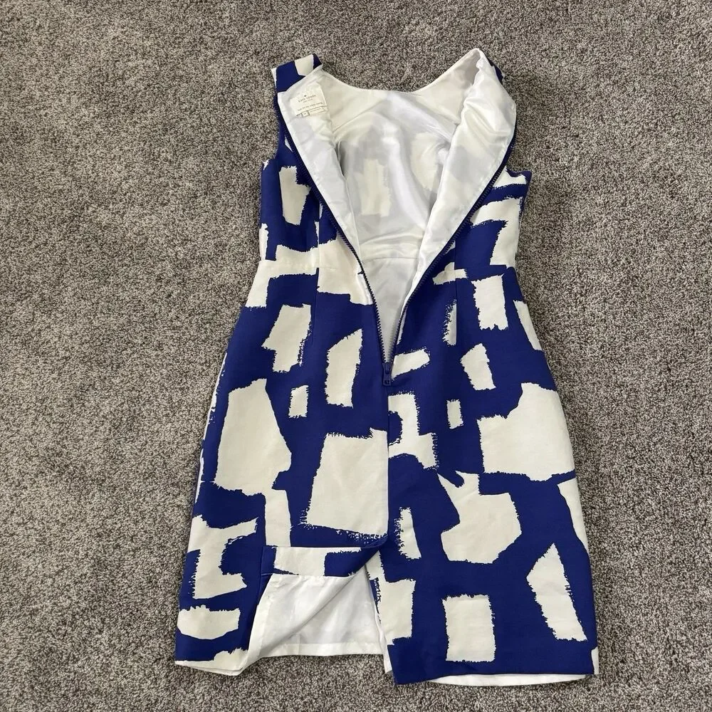 Kate Spade Abstract Print Cobalt White Cotton Silk Lined Dress Zip Size 10 - Picture 7 of 10